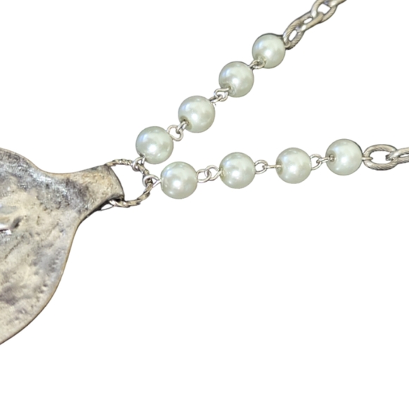 Empire Silver Spoon/Faux White Pearl "Faith" & Cross Opera Chain Clasp Necklace - Picture 5 of 9